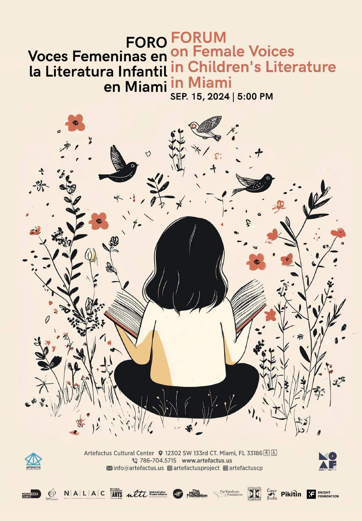 Cartel promocional del Foro “Voces Femeninas en la Literatura Infantil en Miami”.