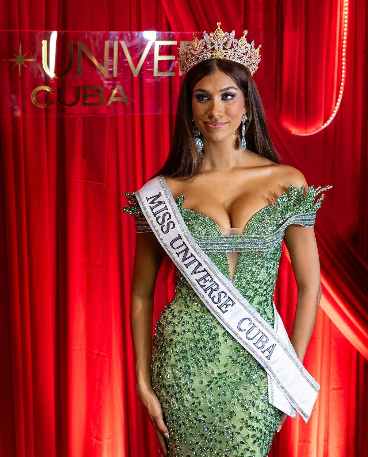 Miss Universe Cuba 2025 Lina Luaces, representing Santiago de Cuba, is photographed after winning the beauty pageant during the competition at Milander Park on Tuesday, July 8, 2025, in Hialeah, Fla.