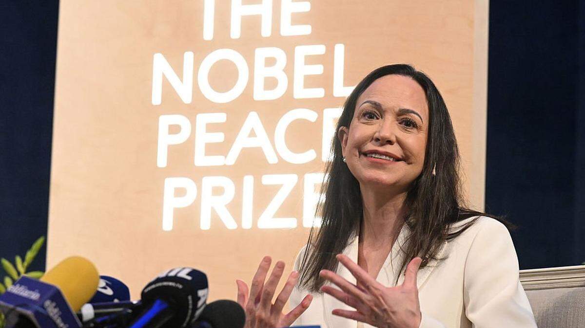 OSLO, NORWAY - DECEMBER 11: Maria Corina Machado, the Venezuelan opposition figure and 2025 Nobel Peace Prize recipient, attends a press conference on December 11, 2025 in Oslo, Norway. Machado, who had been banned from leaving Venezuela, missed the award ceremony yesterday before arriving in Olso late last night. (Photo by Rune Hellestad/Getty Images)