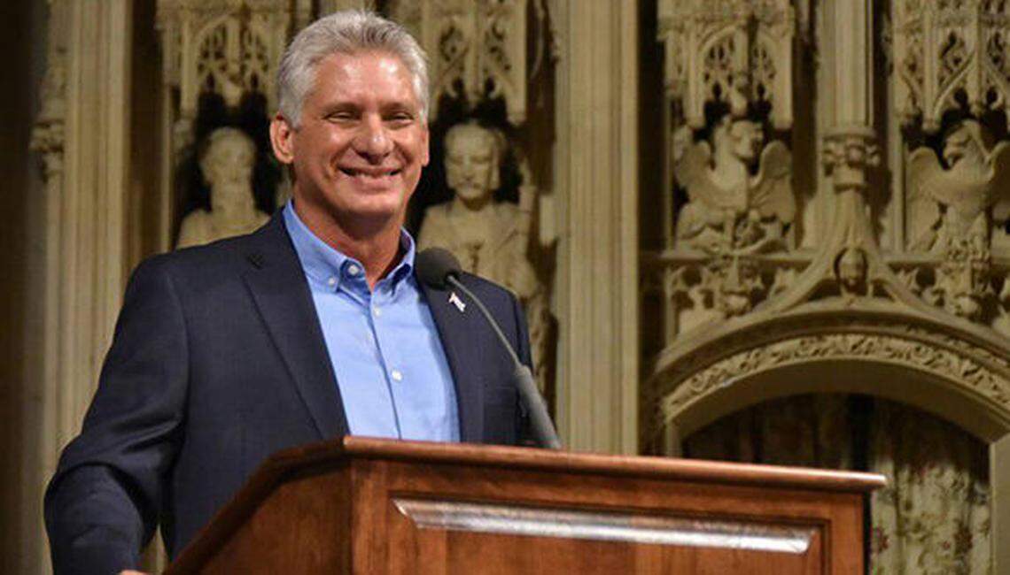 Miguel Díaz-Canel speaks at Riverside Church in New York.