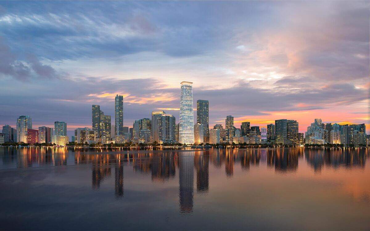 Una representación gráfica anterior de la torre de oficinas propuesta en Brickell. Los planes más recientes para la torre han reducido la altura del edificio de 54 a 52 pisos y de 1,049 a 958 pies.