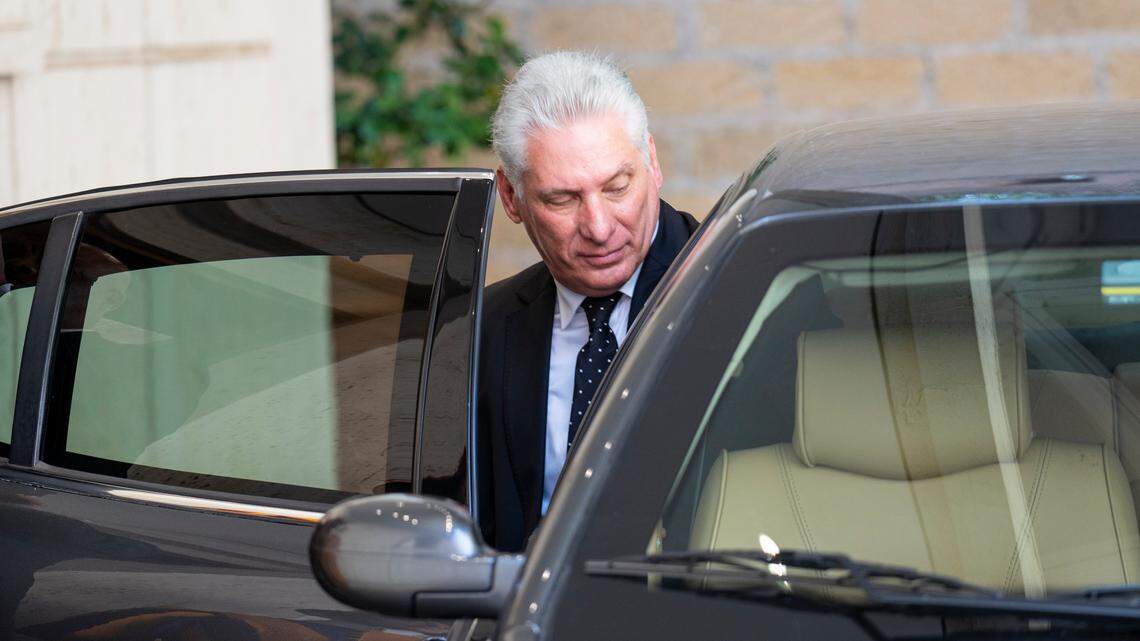 Cuban ruler Miguel Díaz-Canel gets into a car after his meeting with Pope Francis, at the Vatican, on June 22, 2023.