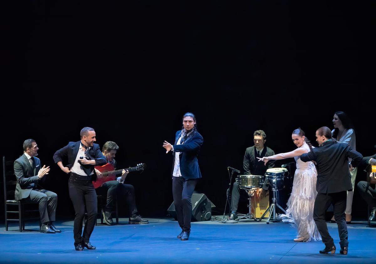 Los artistas participantes en la Gala “Stars of Flamenco”. Al frente, de izquierda a derecha, Manuel Liñán, El Yiyo, Paula Comitre y Alfonso Losa.