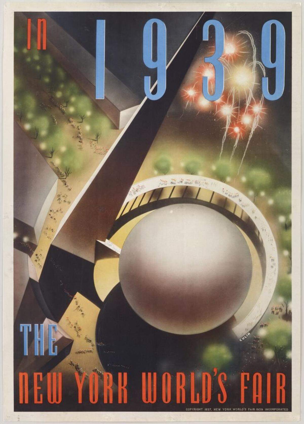 “En 1939: La Feria Mundial de Nueva York”, 1937, Nembhard N. Culin (estadounidense, 1908-1990), diseñador, New York World’s Fair Inc., Nueva York. Cartel, editorial, litografía offset.