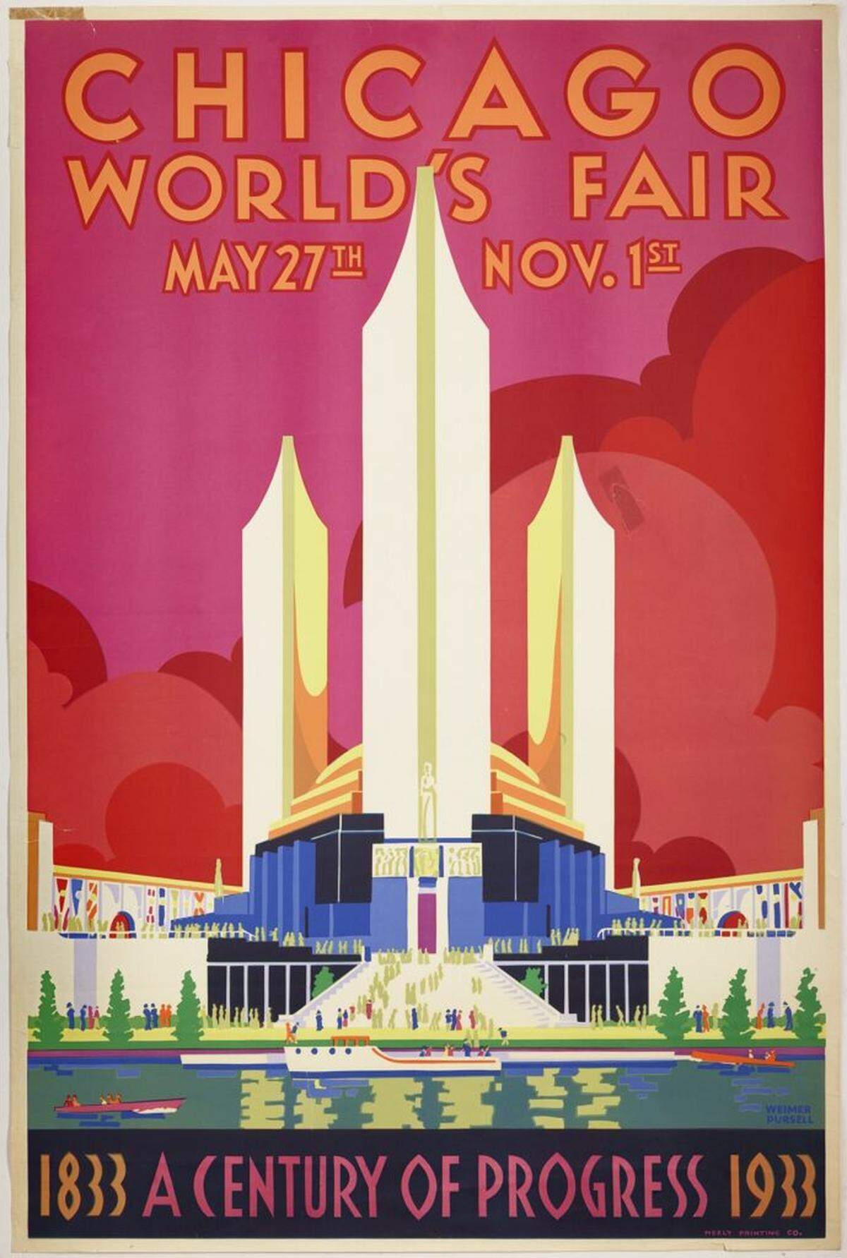 Los carteles de la Feria Mundial de Chicago de 1933 se centran en el estilo Art Déco emergente que se volvería extremadamente popular en Miami Beach en la década siguiente.