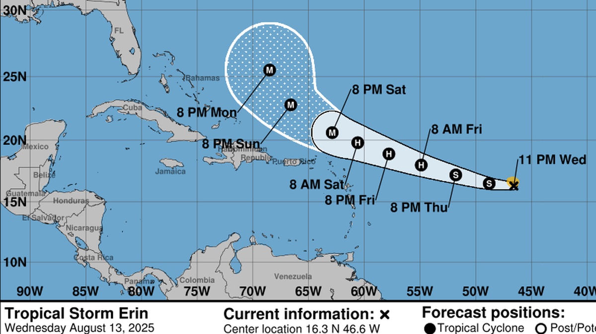 La tormenta Erin ganó intensidad el 13 de agosto de 2025 en el Atlántico.