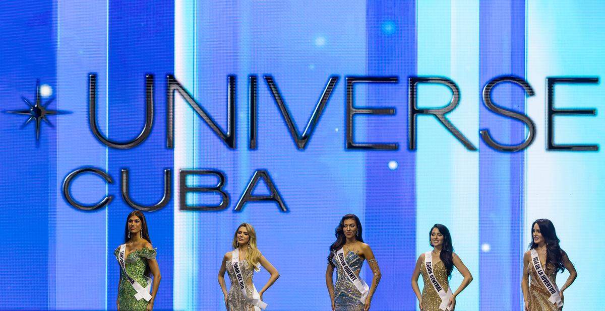 From left to right: Vanessa Villareal, representing Región Oriente, Lisbeth Fernández, representing Pinar del Río, Lina Luaces, representing Santiago de Cuba, Sheila Laza, representing Región Central, and Mia Donadio, representing Isla de la Juventud, stand on stage as they are the five finalists during the Miss Universe Cuba 2025 beauty pageant at Milander Park on Tuesday, July 8, 2025, in Hialeah, Fla.