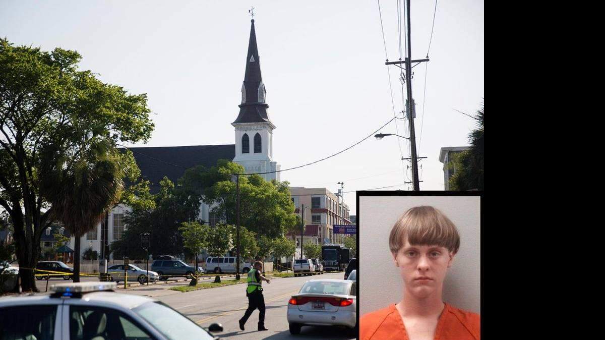 La iglesia Emanuel AME, donde en la noche del miércoles ocurrió la masacre. insertada aparece la foto del sospechoso, Dylann Roof. 
