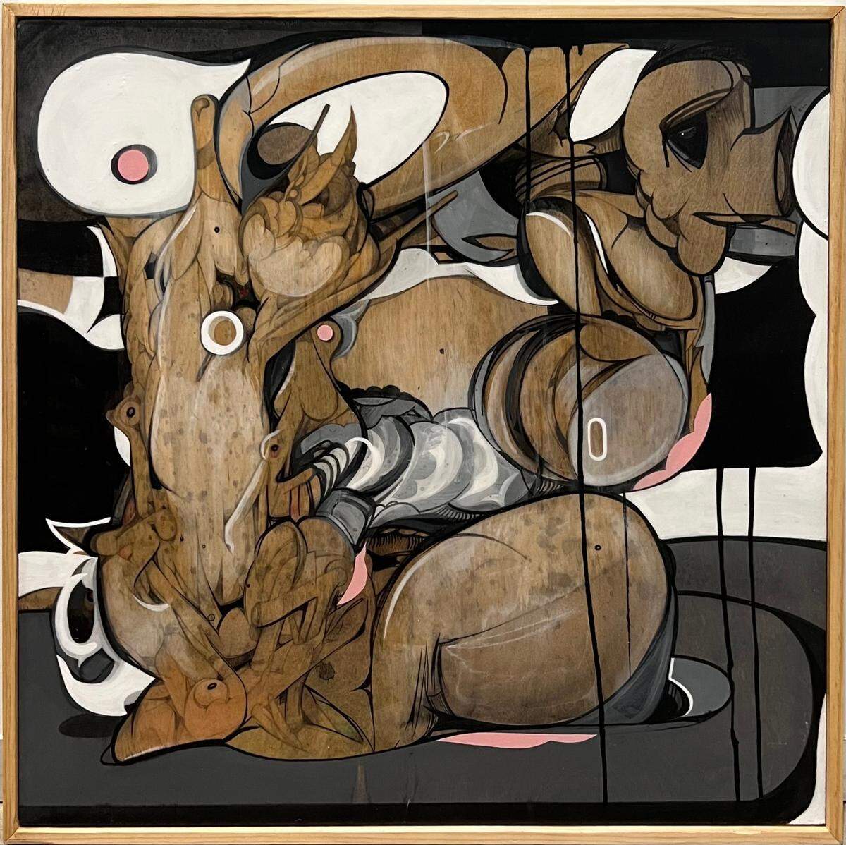 “Catarsis 1”, de Daniel Fila. 2023. Tinta negra, pintura al agua y grafito sobre madera.