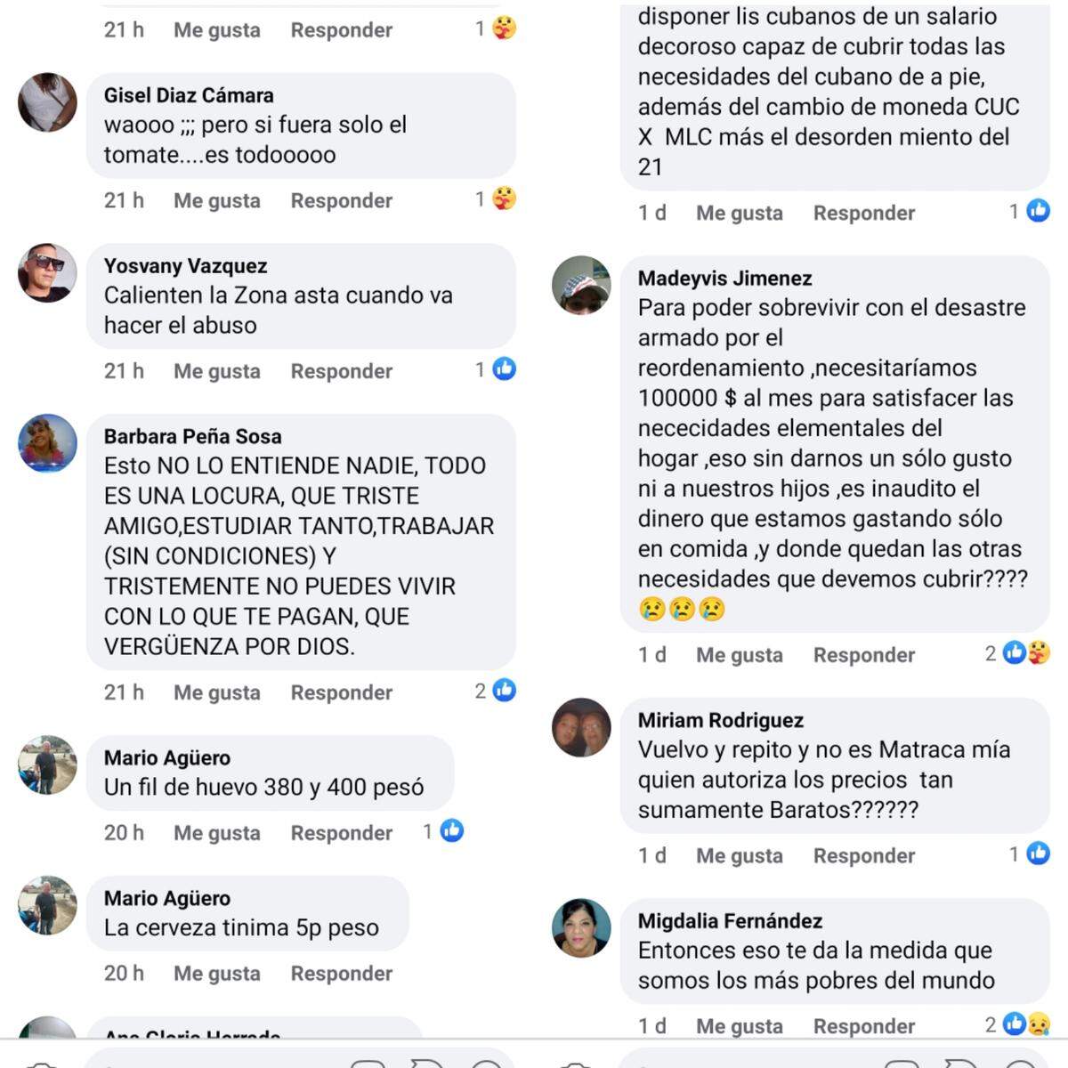 Comentarios sobre los precios de los productos
