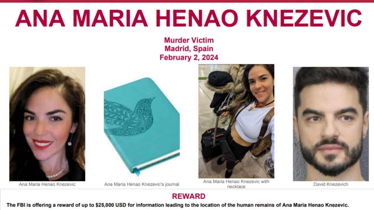 El FBI de Miami anunció este miércoles 8 de abril de 2026 una recompensa de hasta $25,000 por información sobree los restos de Ana María Henao Knezevich.
