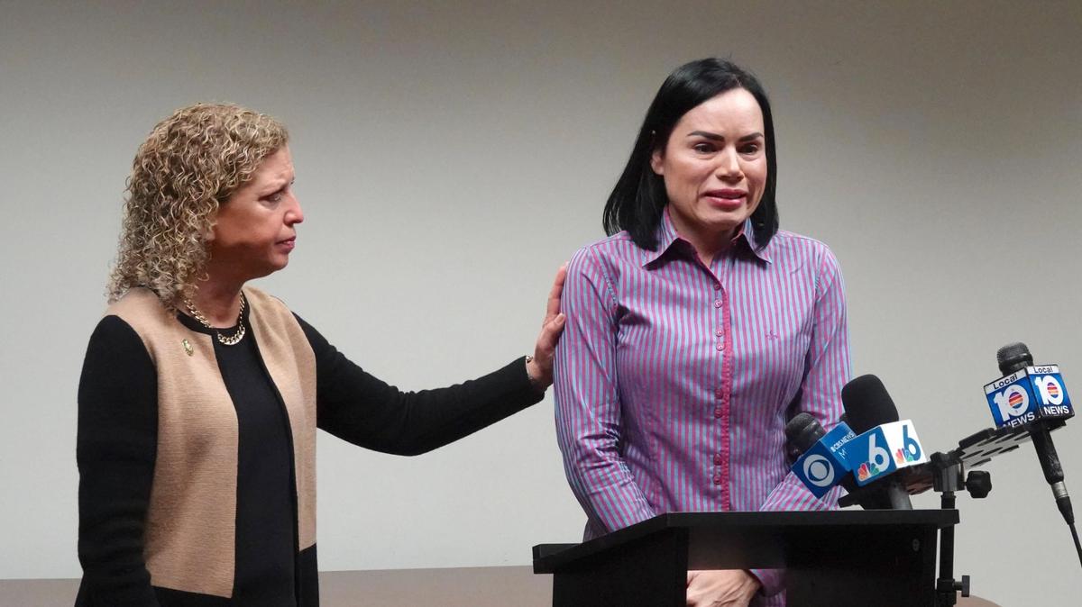On Monday, February 6, 2023 Congresswomen Debbie Wasserman Schultz comforts Anabely Lopes, a Florida resident who had to leave the state for an abortion. Lopes will be her guest at President Joe Biden’s State of the Union address to Congress on Tuesday.