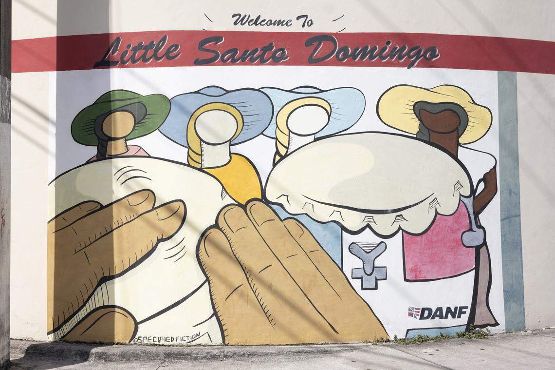 A welcome sign in the Little Santo Domingo neighborhood of Miami.