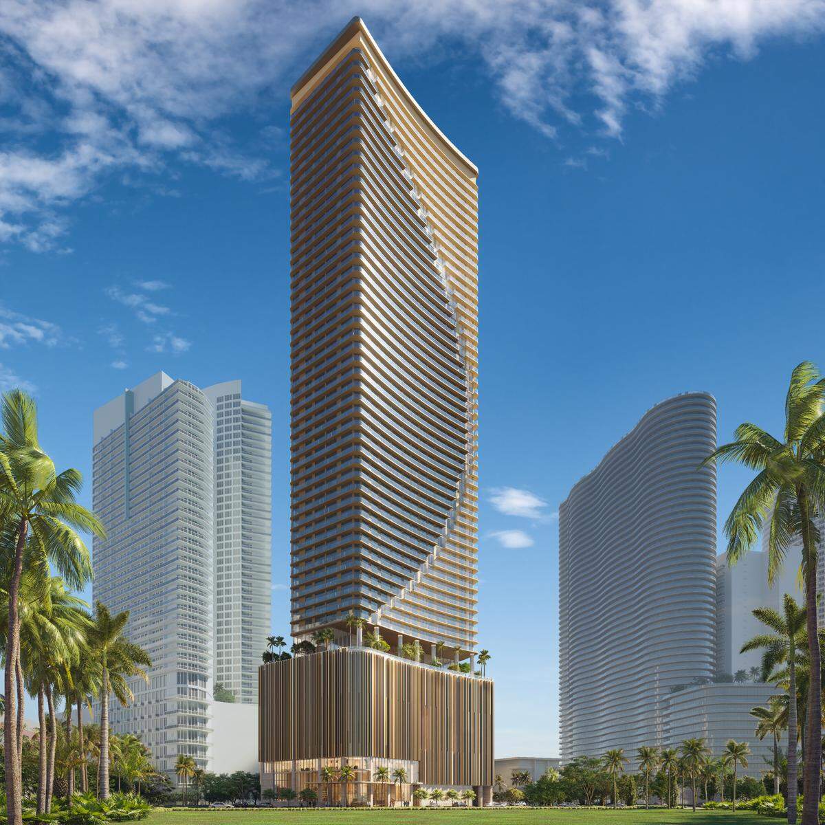 Bocetos de Edge House Miami, un edificio de 57 plantas que se construirá en Edgewater, un vecindario cerca de la bahía de Biscayne, que ofrecerá condominios con entradas separadas, que llevan a un studio, que puede alquilarse a corto plazo.
