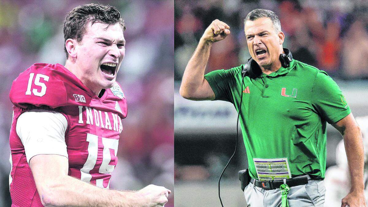 Fernando Mendoza, quarterback de la universidad de Miami (izq.) y Mario Cristóbal, técnico de la Universidad de Miami. Los cubanosamericanos estarán frente a frente en la final del football universitario este lunes 19 en el Hard Rock Stadium.