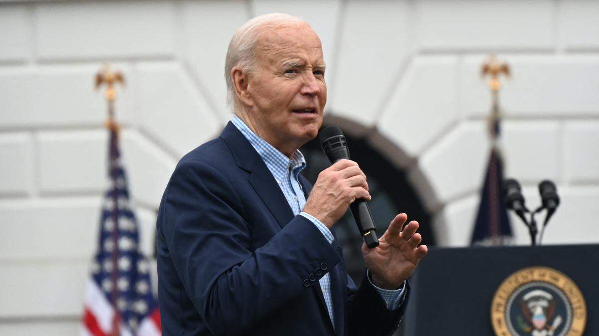 President of the United States Joe Biden is speaking at the 4th of July Independence Day Celebration on the South Lawn of the White House, where in off-the-cuff unscripted comments he is saying that he is ‘’not going anywhere’’ in Washington, D.C., United States, on July 4, 2024. (Photo by Kyle Mazza/NurPhoto) (Photo by Kyle Mazza / NurPhoto / NurPhoto via AFP)
