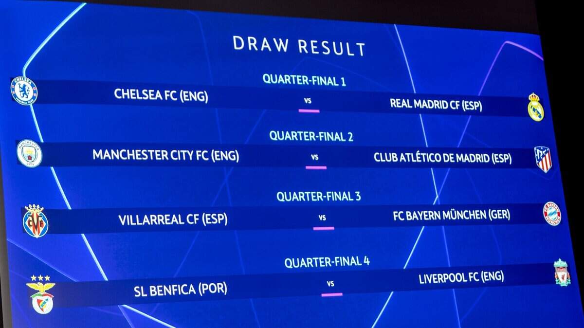 un panel electrónico muestra los emparejamientos de cuartos de final de la UEFA Champions League 2021/22, en la sede de la UEFA en Nyon, Suiza, el viernes 18 de marzo de 2022.