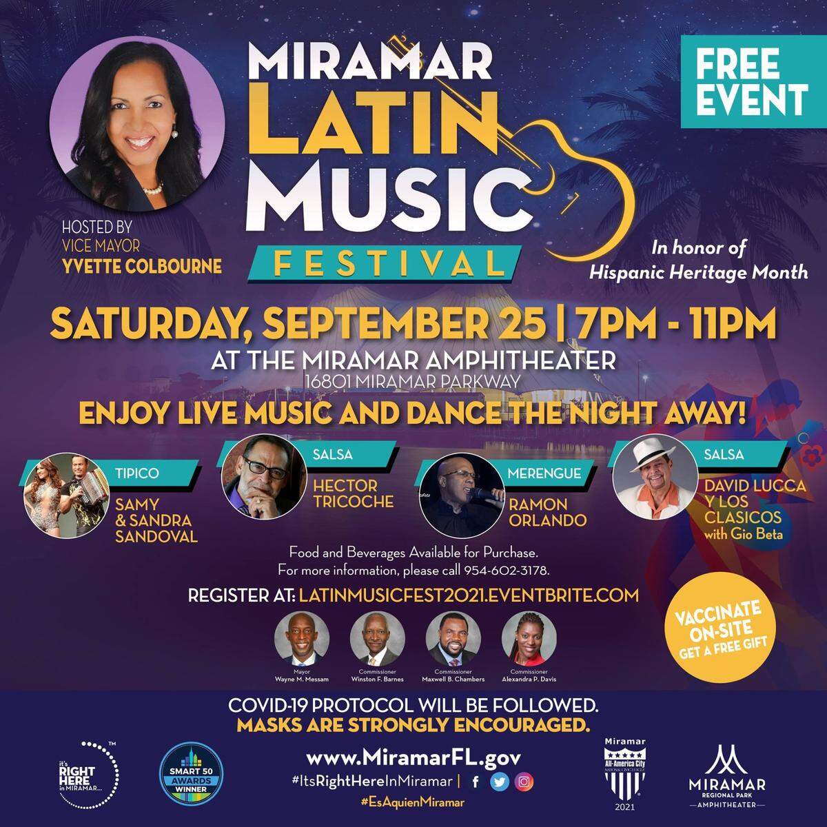 La ciudad de Miramar celebra el Mes de la Herencia Hispana con el festival anual de música latina el sábado 25 de septiembre, de 7 a 11 p.m. Un evento gratuito con mucha salsa, merengue y bailes típicos, que se lleva a cabo en The Miramar Amphitheater.