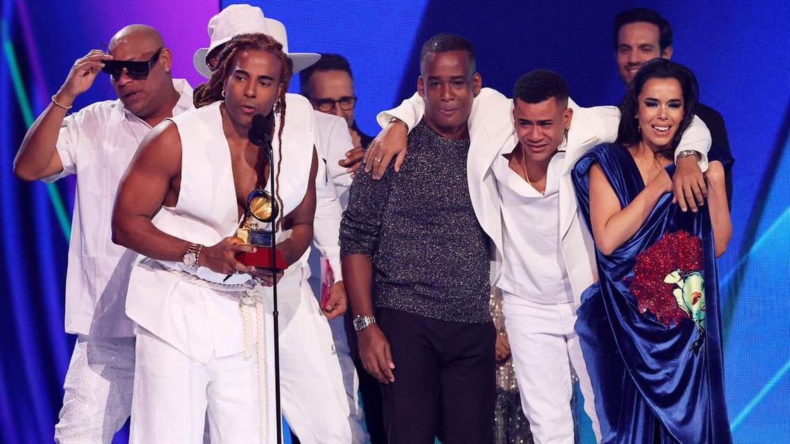 Yotuel accepts the Song of the Year award for ‘Patria y Vida’ together with Alexander Delgado, El Funky, Descemer Bueno, Randy Malcom and songwriter Beatriz Luengo on stage during the 22nd annual edition of the Latin Grammy Awards at the MGM Grand Garden Arena on Nov. 18, 2021 in Las Vegas, Nevada.