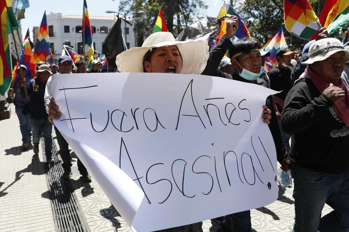 A supporter of ex Bolivian President Evo Morales protests in Cochabamba, Bolivia on Nov. 18, 2019