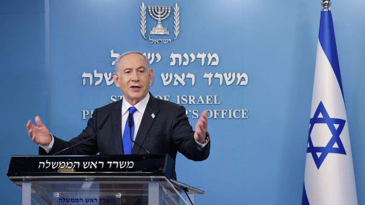 El primer ministro de Israel, Benjamin Netanyahu, da una conferencia de prensa para explicar las razones por las que rechazó la propuesta de cese el fuego de Hamás, el miércoles 7 de febrero de 2024, en Jerusalén.