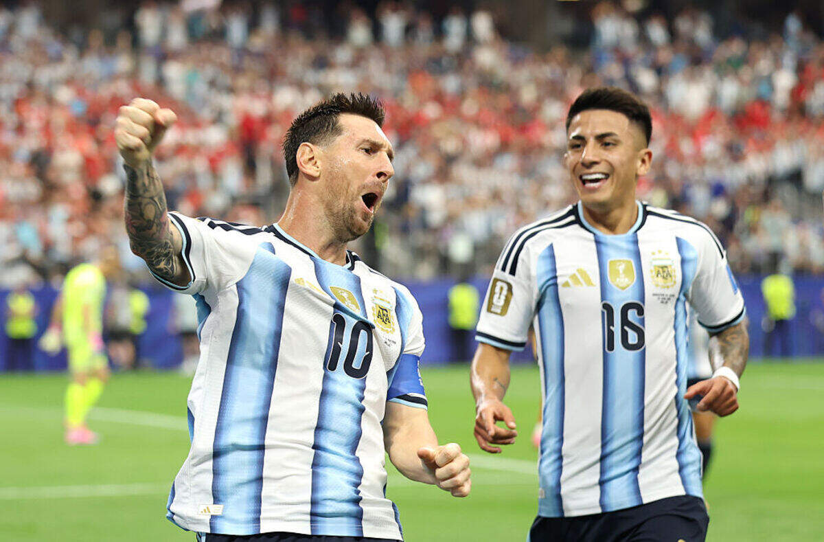 El astro de Argentina Lionel Messi celebra tras marcar el gol ante Austria el lunes que lo convirtió en el máximo anotador en la historia de los Mundiales.