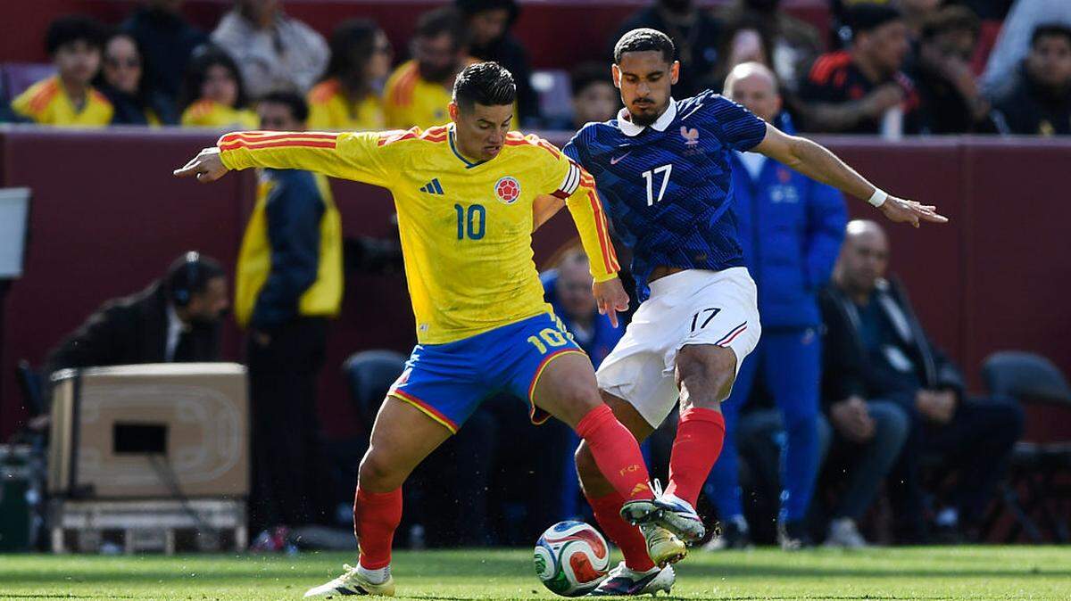 El capitán de Colombia James Rodríguez (izq.) fue titular en el encuentro amistoso ante Francia y jugó 63 minutos en los que se le vio lento y desconectado del partido, celebrado el 29 de marzo de 2026 en Landover, Maryland.