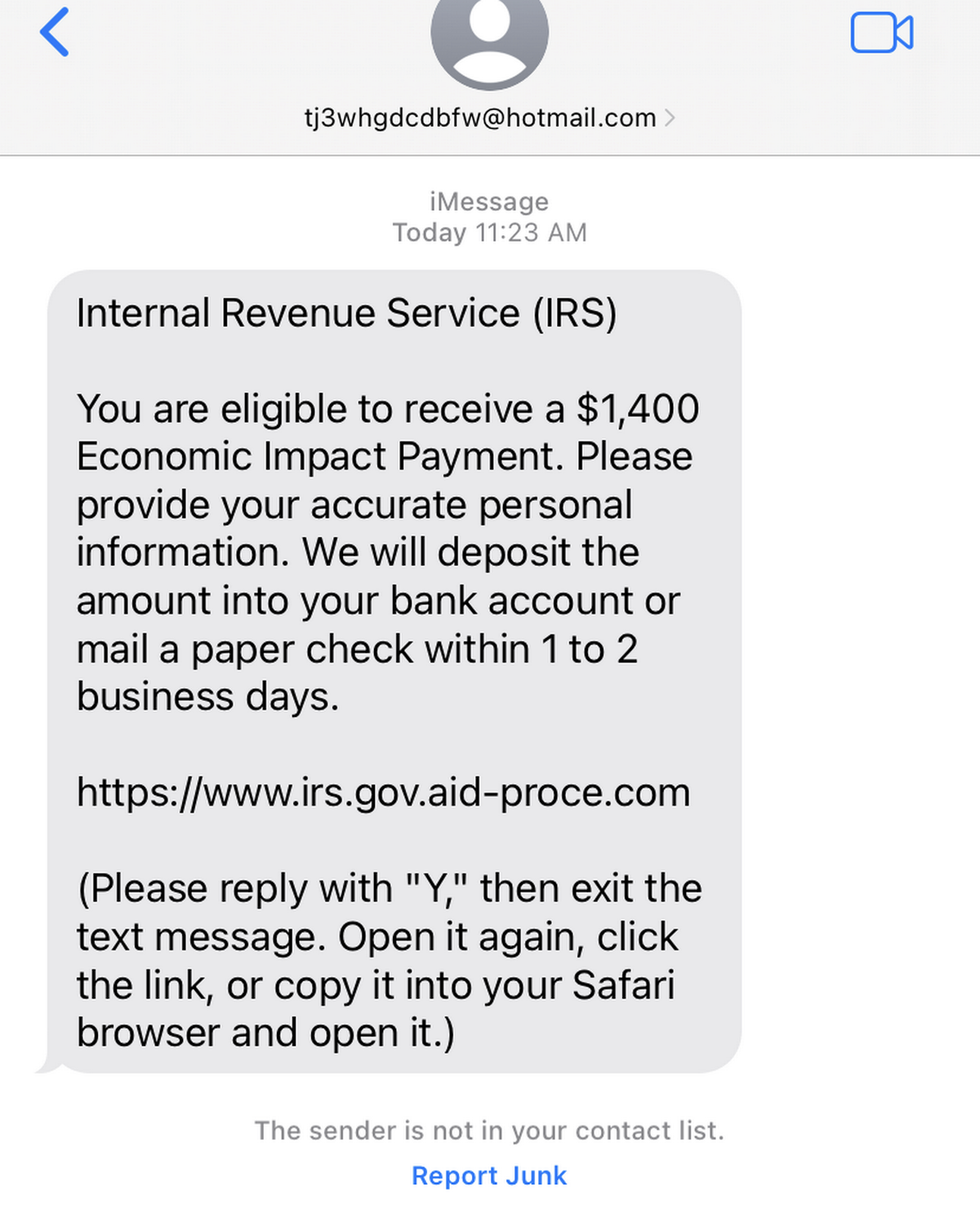 Mensaje de texto falso que afima ser del Servicio de Rentas Internas (IRS).