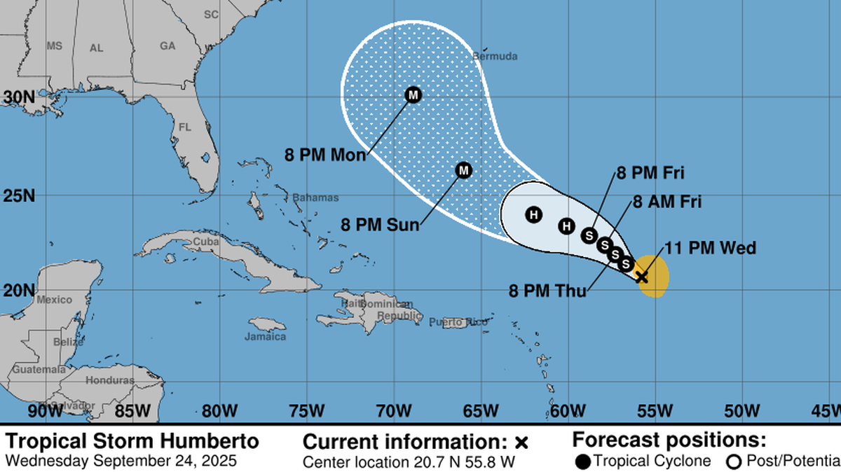 Los modelos de computadora sugieren que la tormenta Humberto se intensificará a huracán de categoría 2 o 3.