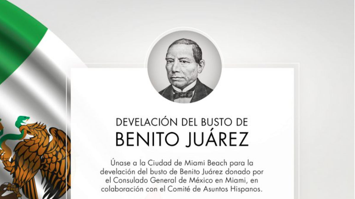 Un busto de bronce del héroe mexicano Benito Juárez se develará este lunes 12 de junio de 2023 en la Ciudad de Miami Beach.