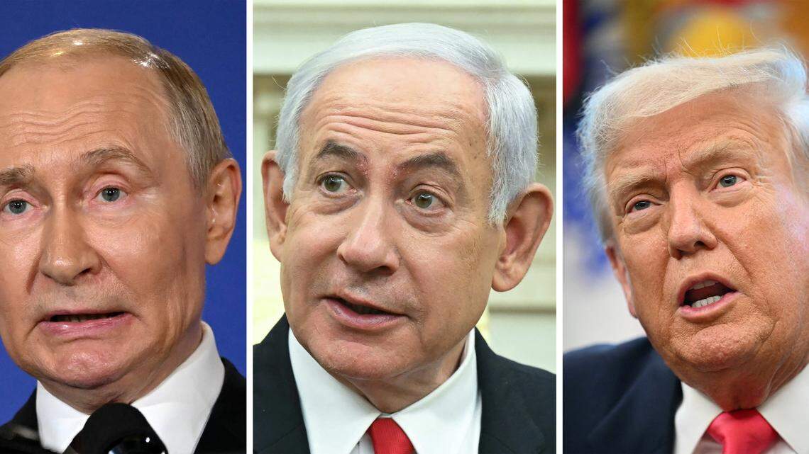 Esta combinación de fotos de archivo, elaborada el 20 de abril de 2026, muestra (de izquierda a derecha) al presidente ruso Vladimir Putin hablando tras participar en una cumbre entre Estados Unidos y Rusia en Anchorage, Alaska, el 15 de agosto de 2025; al primer ministro israelí Benjamin Netanyahu durante una reunión con el presidente de Estados Unidos en Washington, DC, el 7 de abril de 2025; y al presidente de Estados Unidos Donald Trump hablando en la Oficina Oval en Washington, DC, el 14 de agosto de 2025.