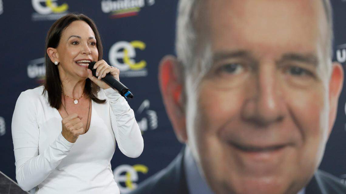 Venezuelan opposition leader María Corina Machado gives a speech to promote the presidential candidacy of Edmundo Gonzalez Urrutia, on May 16, 2024, in Caracas.