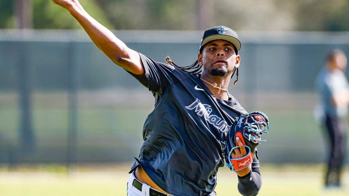Miami Marlins pitcher Edward Cabrera throws at Roger Dean Chevrolet Stadium in Jupiter, Florida on Thursday, February 16, 2023.