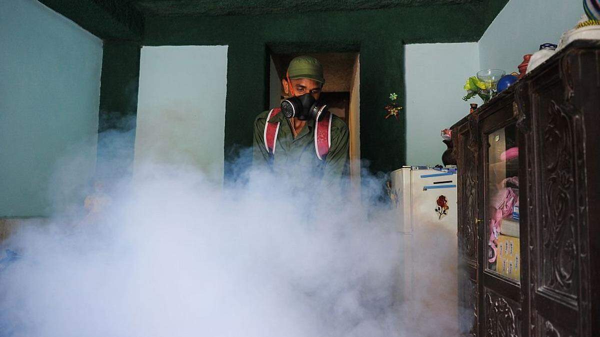 A member of the Cuban army fumigates against the Aedes aegypti mosquito to prevent the spread of zika, chikungunya and dengue, in Havana, on February 23, 2016. Cuban President Raul Castro announced Monday that 9,200 troops and police have been mobilized in a campaign to eliminate mosquitoes and protect the country against the Zika virus. Cuba has not officially recorded any cases of the mosquito-borne virus, which is strongly suspected of causing serious birth defects in babies born to infected mothers. But 28 countries and territories in the Americas and the Caribbean have reported cases of active Zika transmission, with 1.5 million in Brazil, the hardest-hit country. AFP PHOTO / YAMIL LAGE / AFP / YAMIL LAGE (Photo credit should read YAMIL LAGE/AFP via Getty Images)