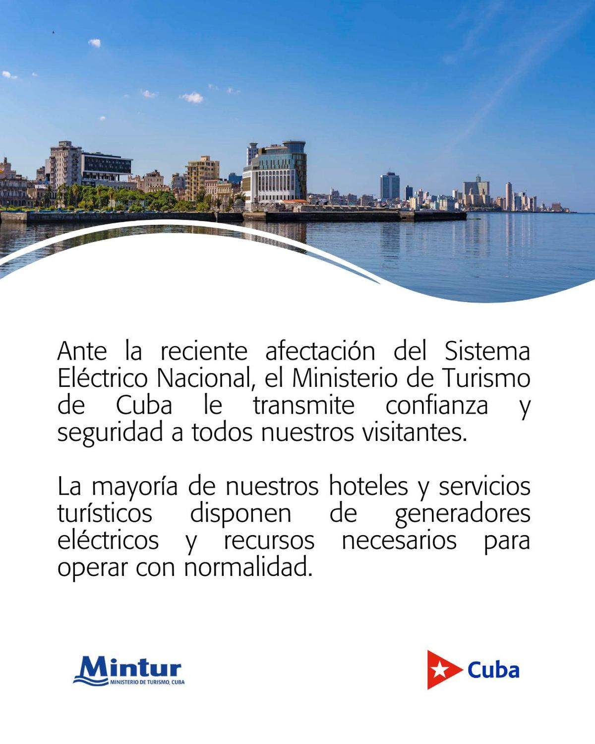 El Ministerio de Turismo de Cuba aseguró a los visitantes extranjeros que los hoteles de la isla estaban funcionando con “normalidad” a pesar del nuevo apagón masivo.