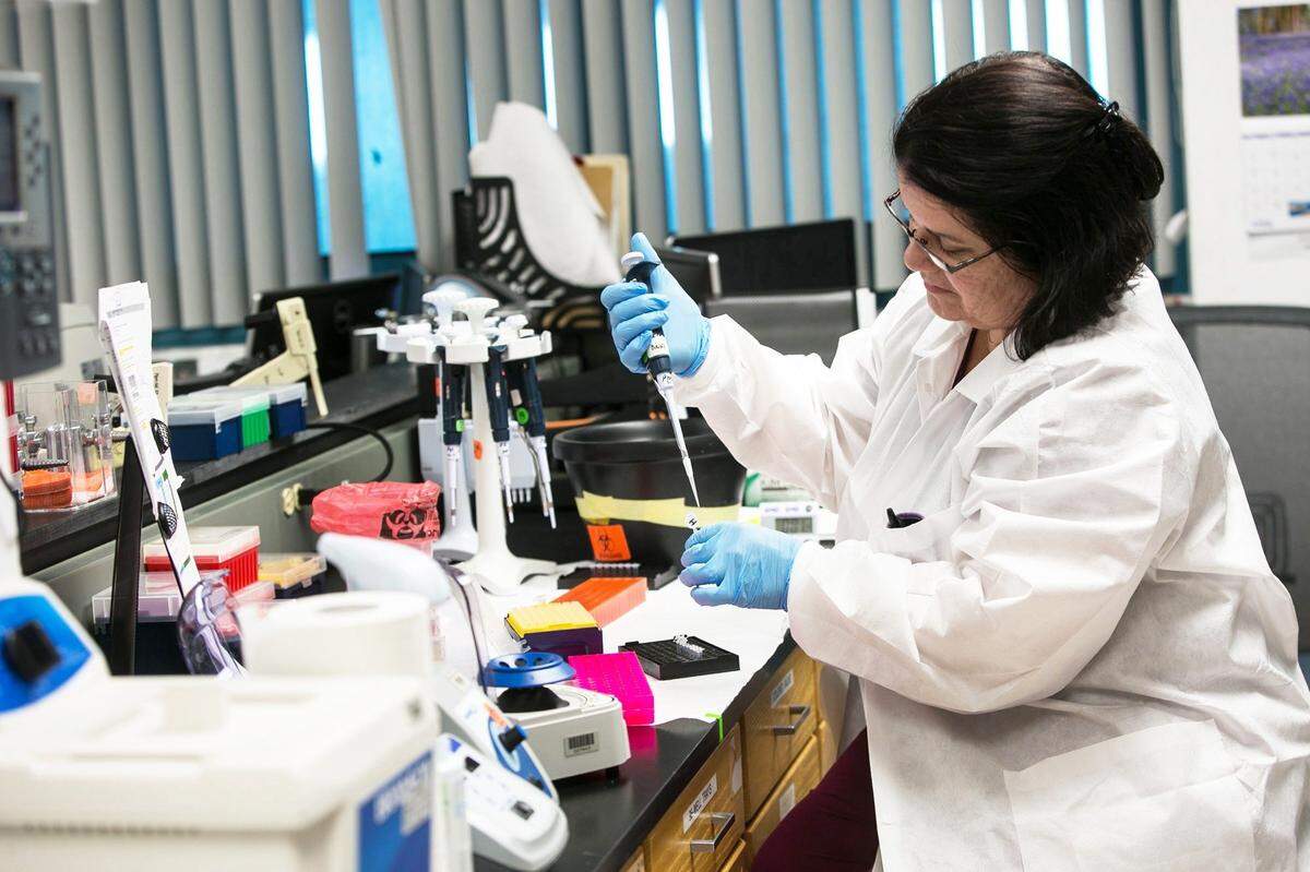 Heliana Valdés, técnica en genética molecular en el Miami Genetic Laboratories del Nicklaus Children's Hospital, trabaja con una muestra de ADN.