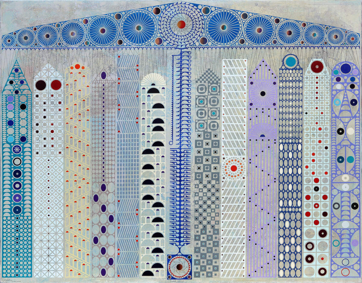 ‘Ciudad carrousel’, 2022, óleo, lápices de acuarela sobre lienzo, 70 x 88 pulgadas.