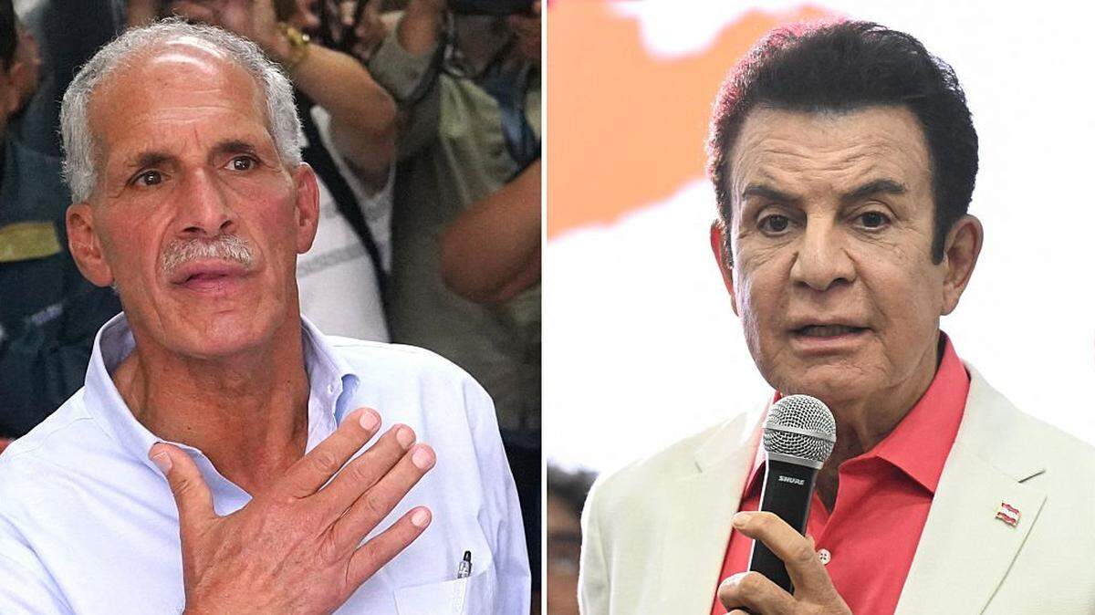 (COMBO) In this combination of files pictures created on December 01, 2025, Honduras presidential candidate of the National Party Nasry Asfura gestures as he casts his vote in Tegucigalpa on November 30, 2025, and Honduran presidential candidate for the opposition Liberal party, Salvador Nasralla, delivers a speech before the first results of the presidential election in Tegucigalpa on November 30, 2025. With 56 percent of the vote counted, Honduras' electoral commission said on December 1 that Asfura led rival Salvador Nasralla by just 0.4 percentage points. The vote count from the November 30 election has progressed slowly, and final results could take days. (Photo by Johny MAGALLANES and Marvin RECINOS / AFP via Getty Images)