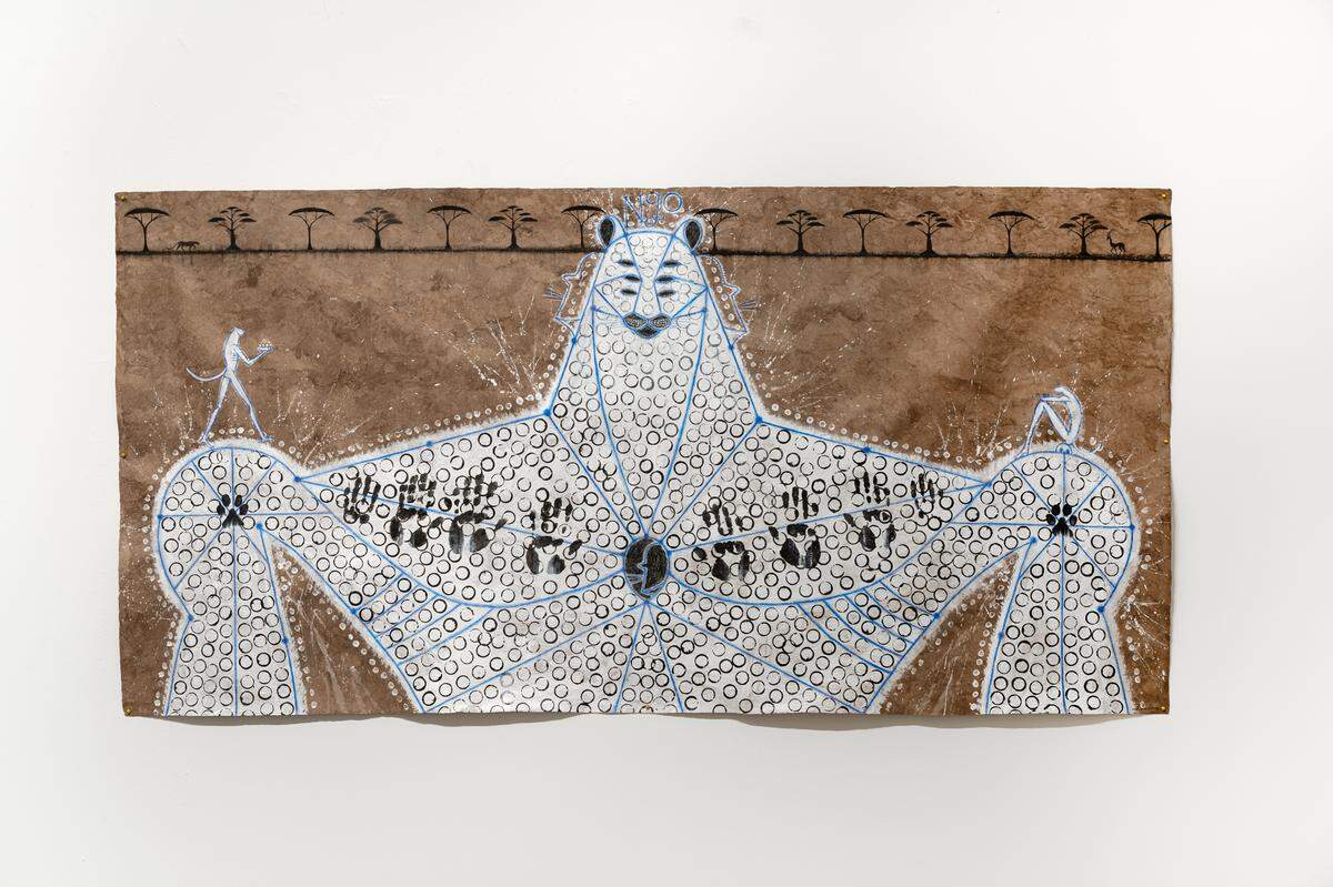 ‘ngo’, 2023, acrílico sobre papel Amate, 47 x 94 pulgadas.