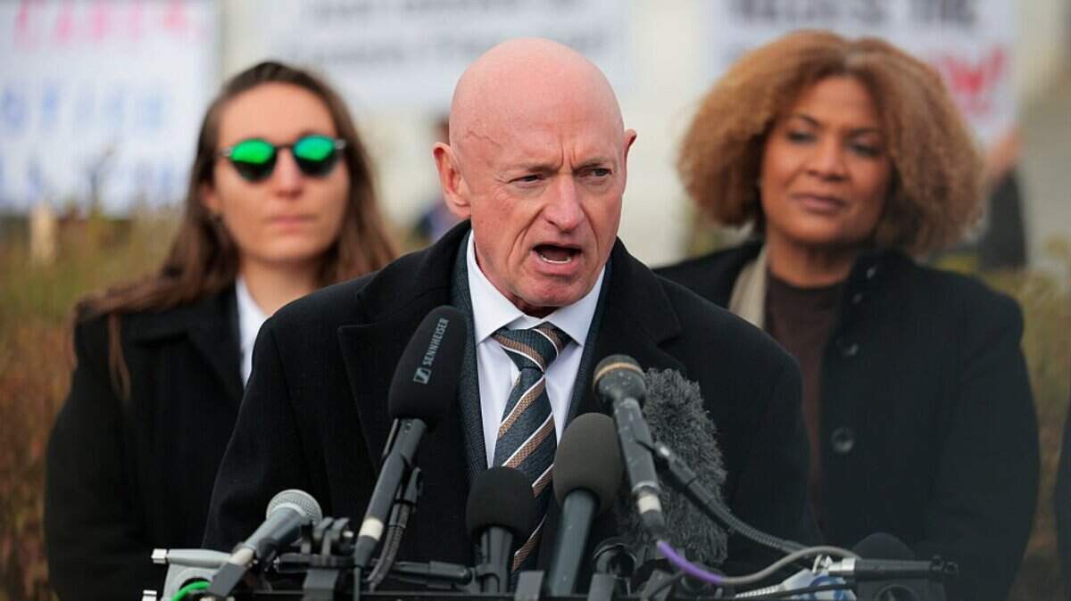 WASHINGTON, DC - NOVEMBER 18: U.S. Sen. Mark Kelly (R-AZ) speaks during a news conference on the "Epstein Files" outside the U.S. Capitol on November 18, 2025 in Washington, DC. The House is expected to vote today on the legislation, which instructs the U.S. Department of Justice to release all files related to the late accused sex trafficker Jeffrey Epstein. (Photo by Heather Diehl/Getty Images)
