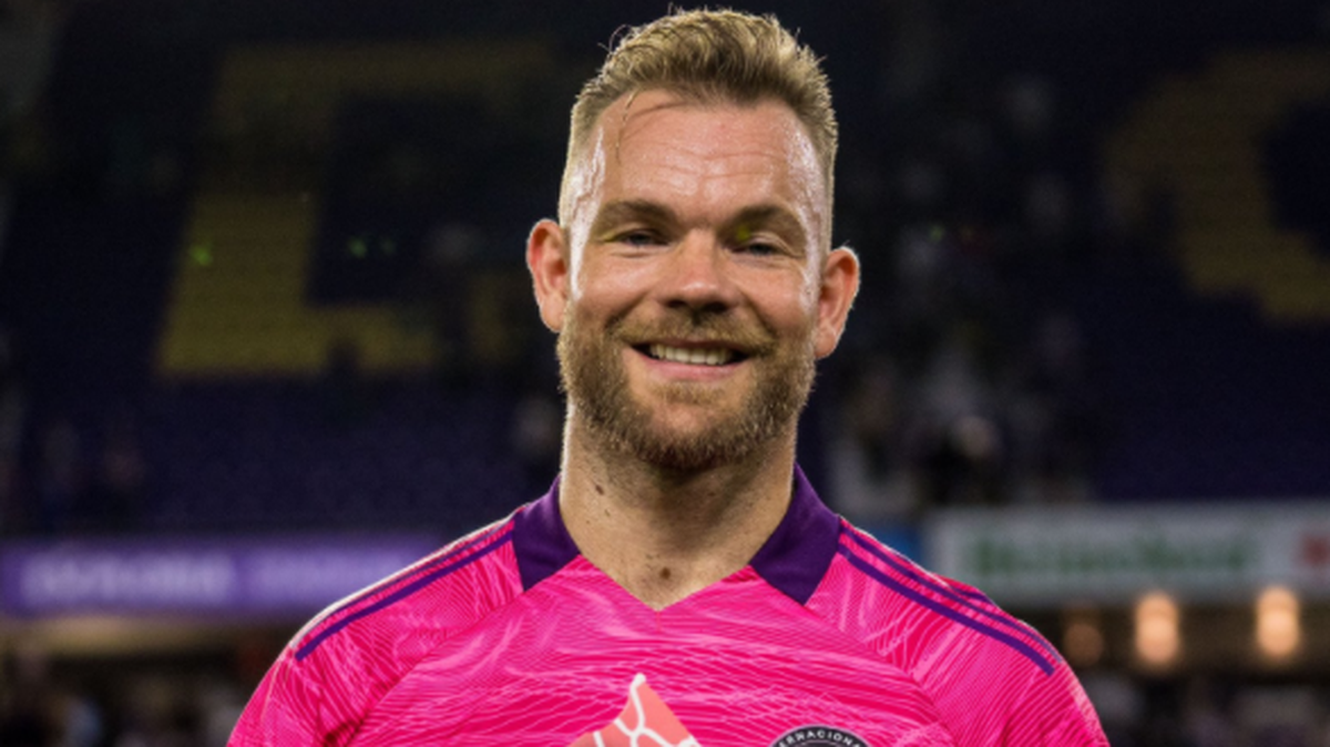 Inter Miami goalkeeper Nick Marsman is all smiles after being named Man of the Match of the 0-0 tie against Orlando City. He got married earlier in the week.