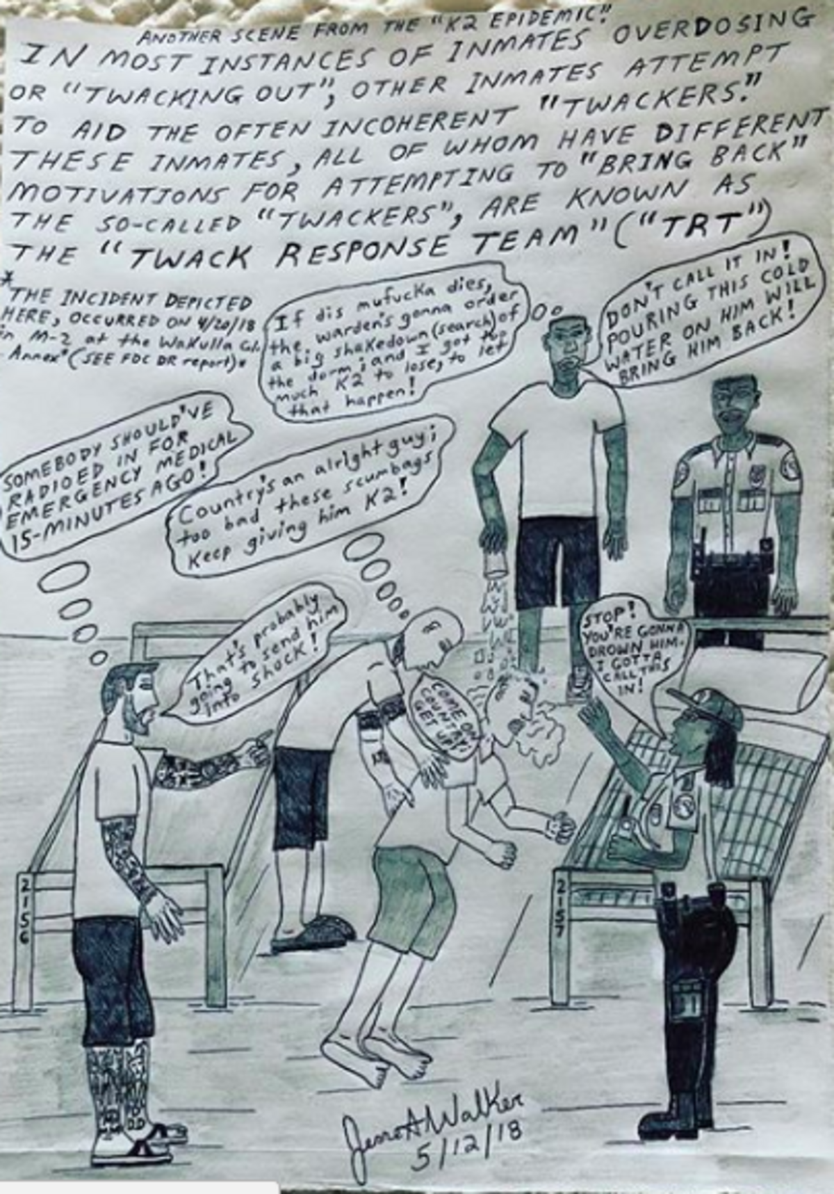 Dibujo de un reo publicado en Instagram que describe cómo los prisioneros responden a sobredosis de marihuana sintética K2. Es parte de una serie llamada ‘The K2 Epidemic’.