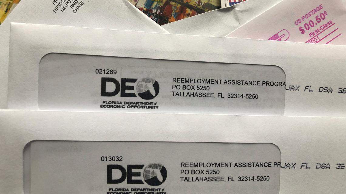 Envelopes from the Florida Department of Economic Opportunity’s Reemployment Assistance Program.