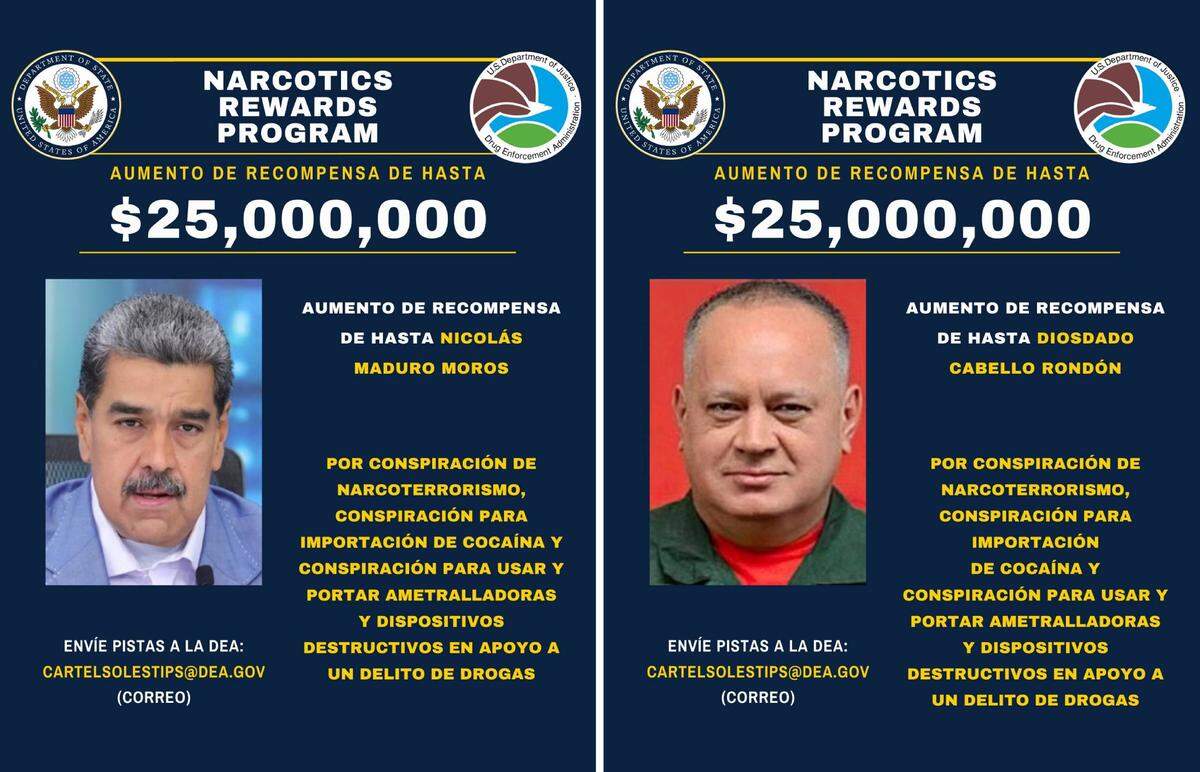 Reward offered by the United States government for the capture of Nicolás Maduro and Diosdado Cabello.