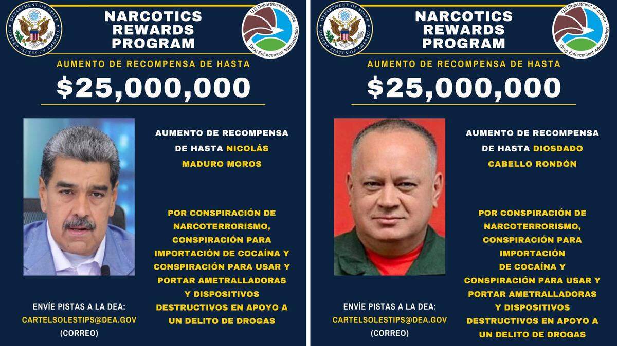 Recompensa ofrecida por el gobierno de Estados Unidos por la captura  de Nicolás Maduro y Diosdado Cabello.