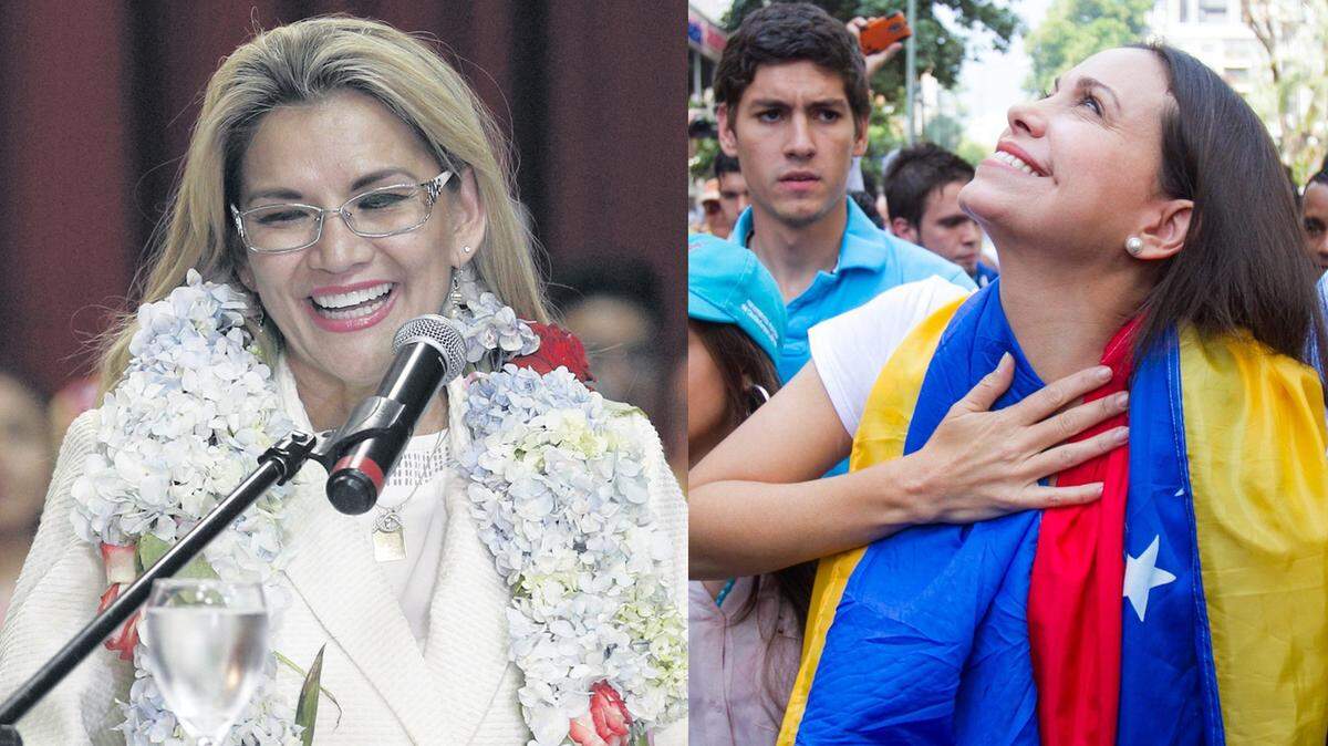 La ex presidenta de Bolivia, Jeanine Agnes y la líder opositora venezolana María Corina Machado.