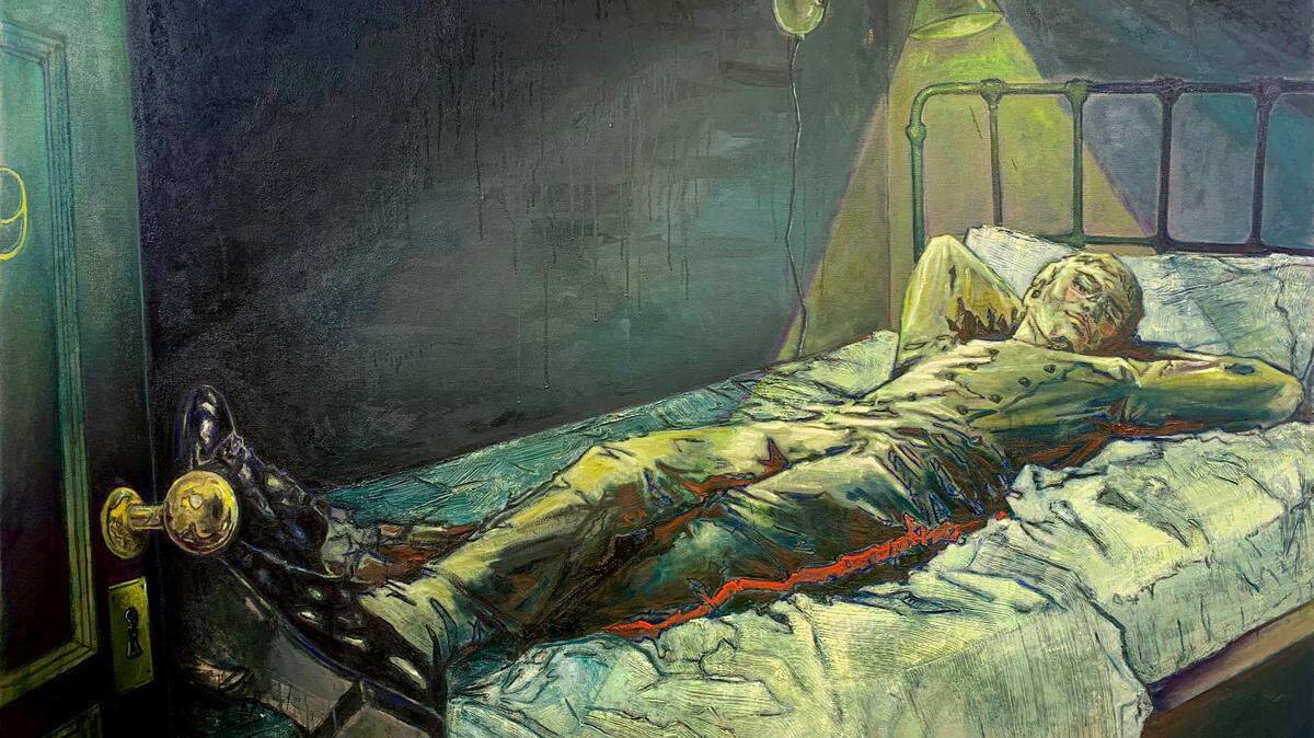 “The Cadette in Room 309”, 2023, óleo, cera y arena sobre lienzo, 60 × 82 pulgadas.