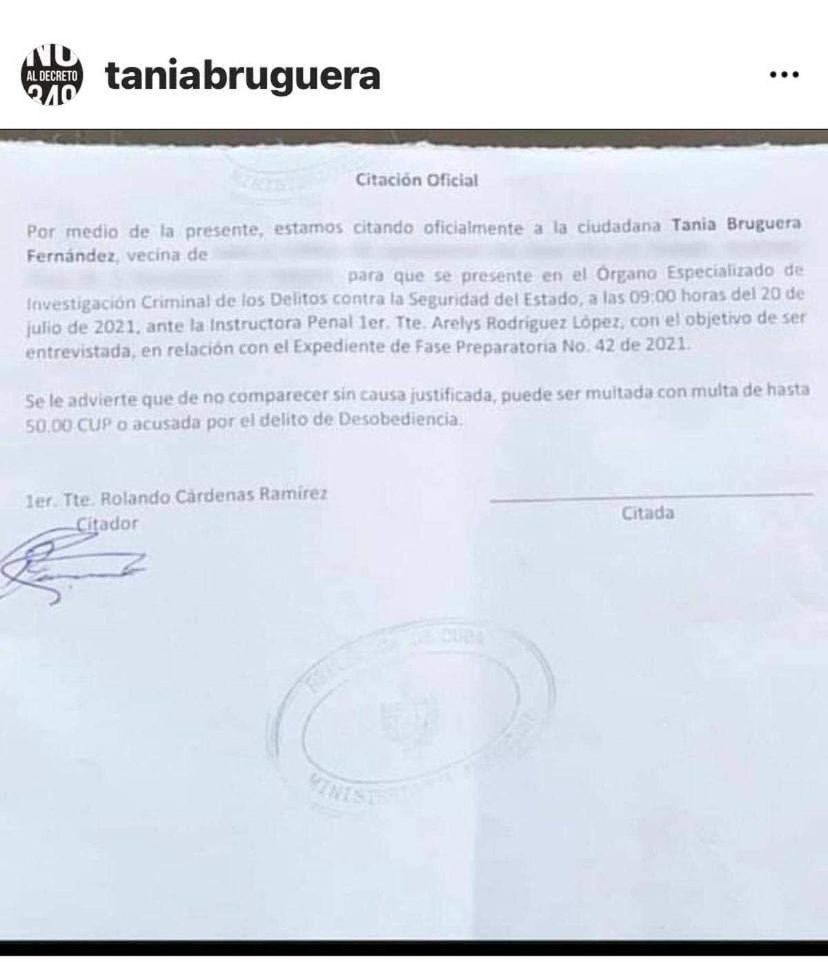 Citación a la artista y activista Tania Bruguera.