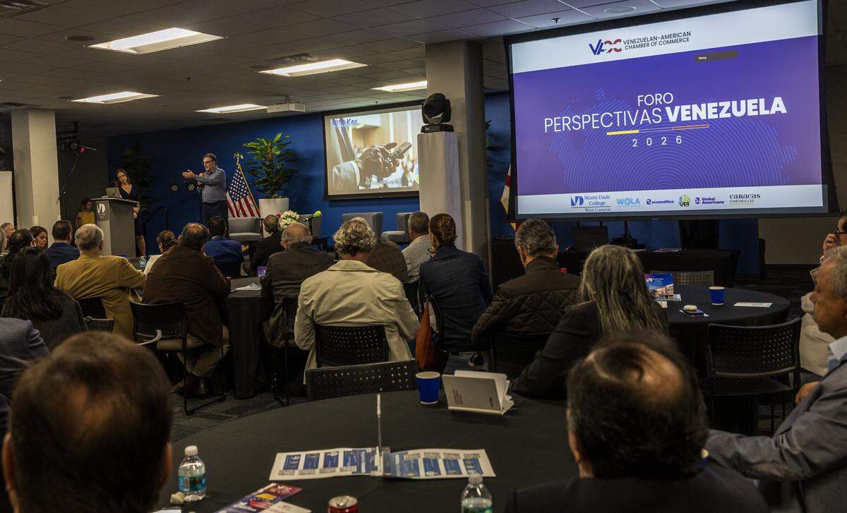 Eugenio Herrero, CEO & Founder of Klickey, a networking company speaks during the “Foro Perspectivas Venezuela 2026” organized by the Venezuelan-American Chamber of Commerce (VACC), to bring together political leaders, experts in energy, economics, security, legal risk and freedom of expression, with a clear objective: to understand the new Venezuelan scenario, after the removal of Nicolas Maduro, from Caracas last January during an operation by the United States; special forces. The event took place at Miami Dade College Campus in Doral, on Tuesday Feb 10, 2026