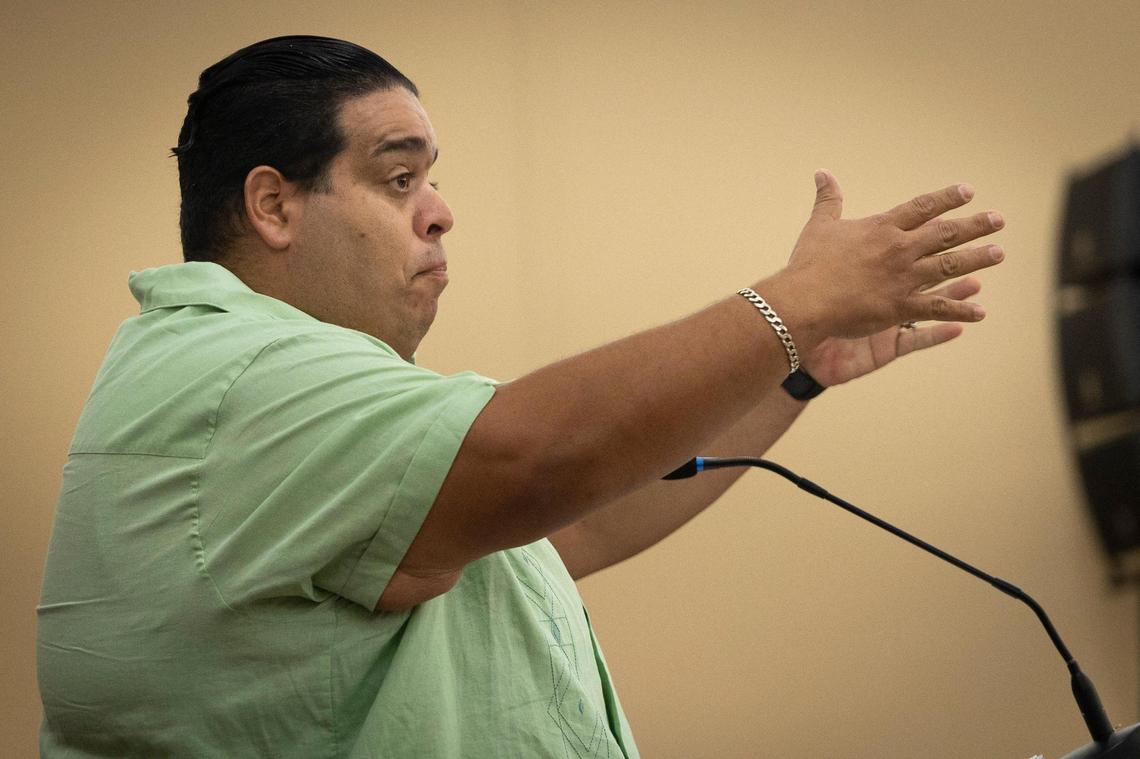 Juan Santana speaks during the public comment section of a Hialeah City Council meeting discussing the budget on Wednesday, Sept. 13, 2023, at Hialeah City Hall.